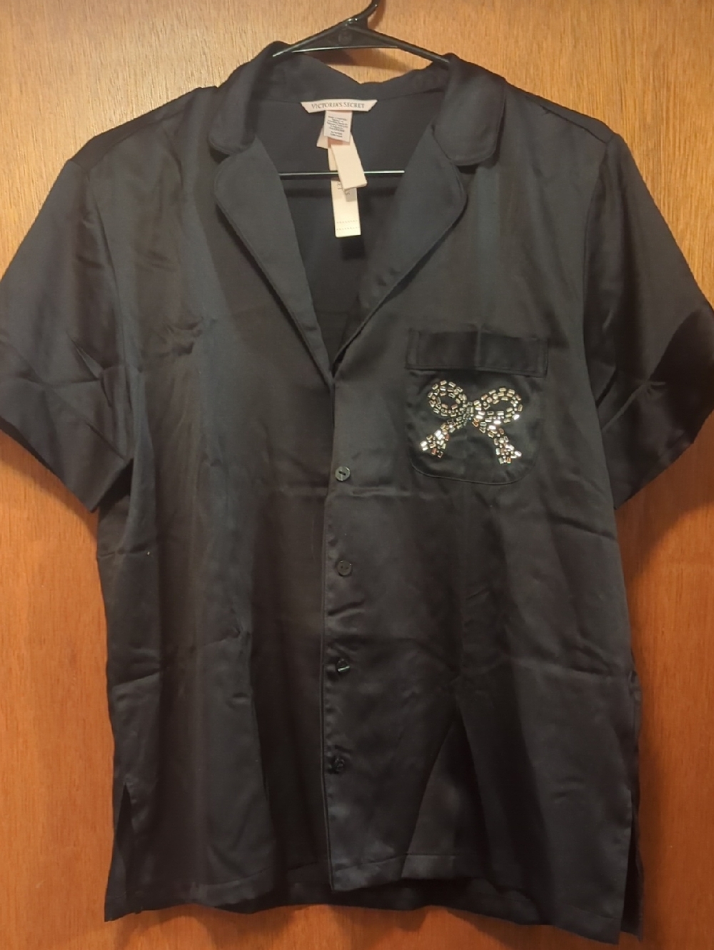 Victoria's Secret Black Satin Button-Front Top with Rhinestone Bow Pocket